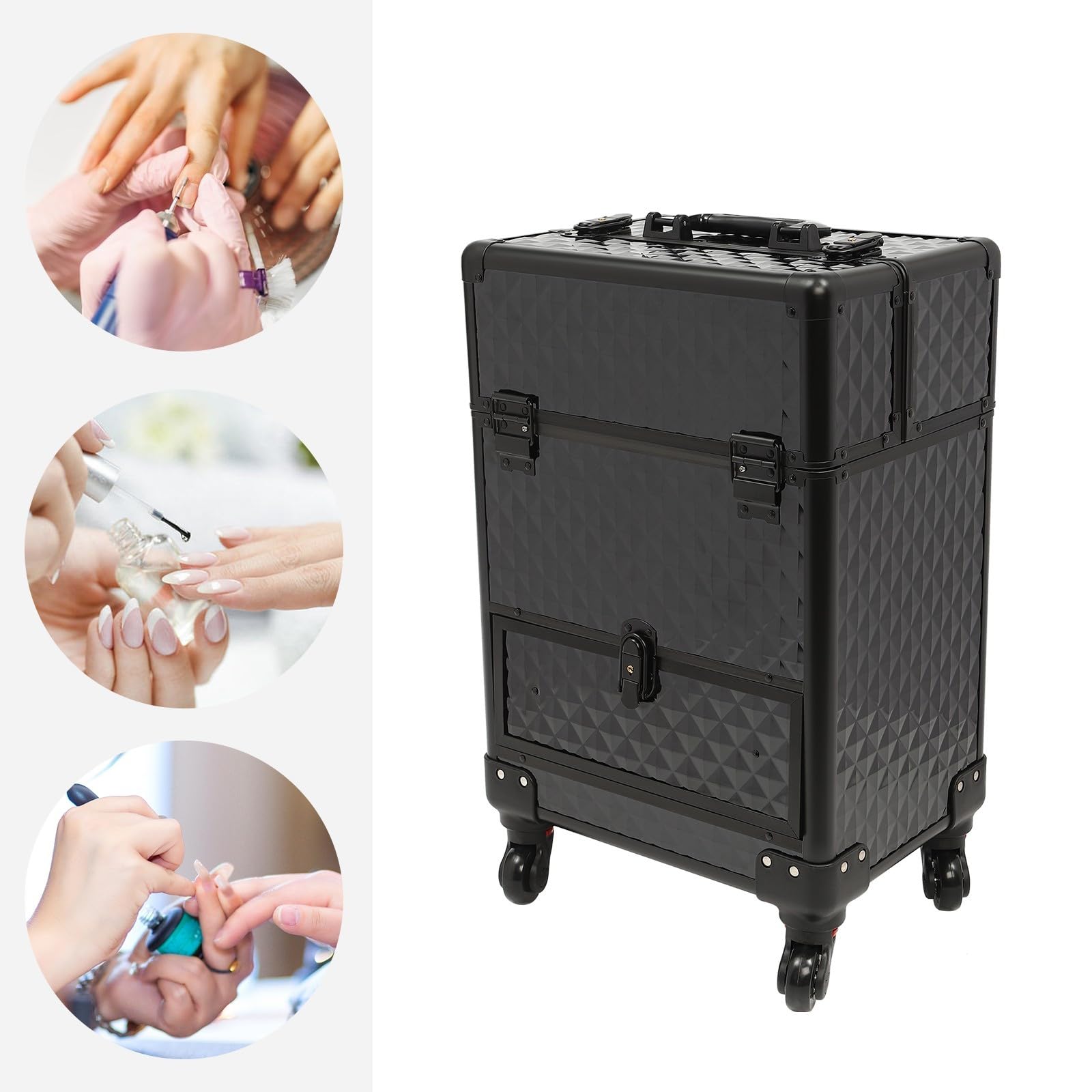 Makeup Koffer Kosmetikkoffer Visagistenkoffer Schminkkoffer Friseurkoffer Nagel Koffer Kosmetik Aufbewahrung für Studio und Reisen mit 7 Fächern und 4 Rädern (Schwarz)