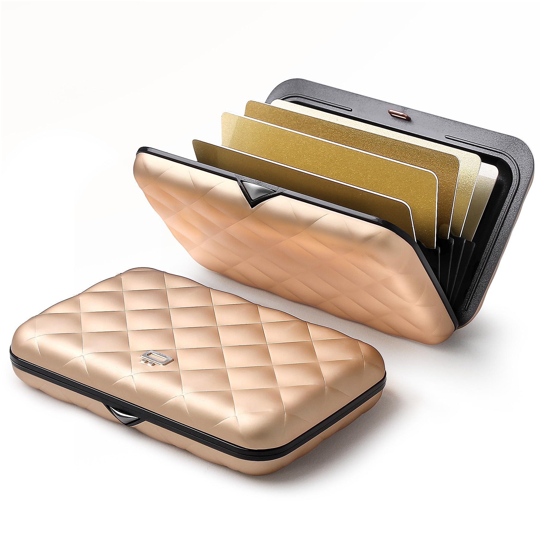 Ögon Inteligentne portfele - Aluminiowy portfel Quilted Button - Kobiety - Etui na karty blokujące RFID - Do 10 kart i banknotów (różowe złoto)