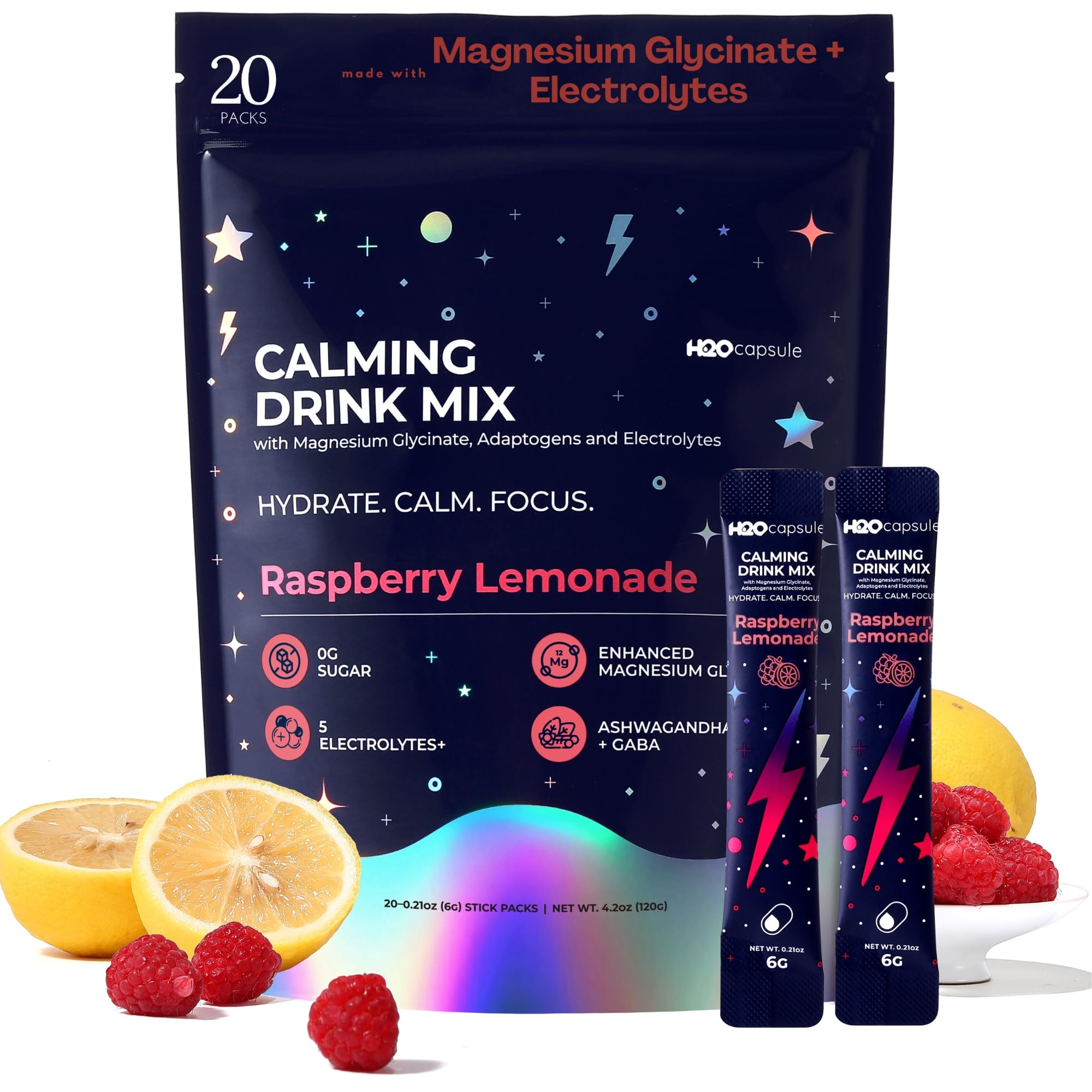 Calm Magnesium Glycinate Powdered Drink Mix with Electrolytes – Sugar Free with Ashwagandha, L-Theanine, Vitamin B 6&GABA – Cortisol Support, Stress Relief, Hydration & Focus - 20 servings (Raspberry) Raspberry Lemonade 4.2 Ounce (Pack of 1)