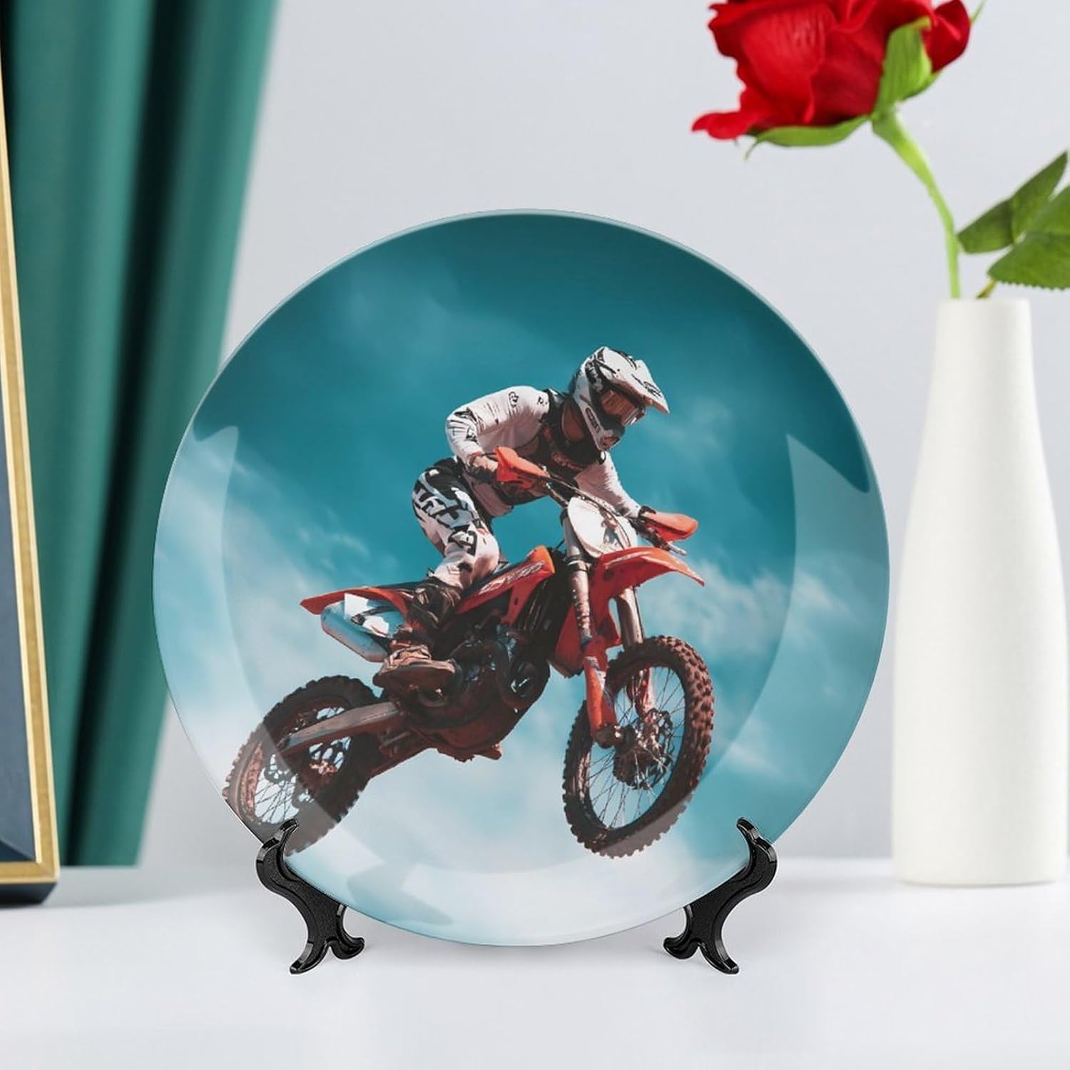 Motocross Dirt Bike Printed Decorative Plate with Display Stand Handmade Ceramic Ornament Hanging Wall Decor for Foyer Home Office
