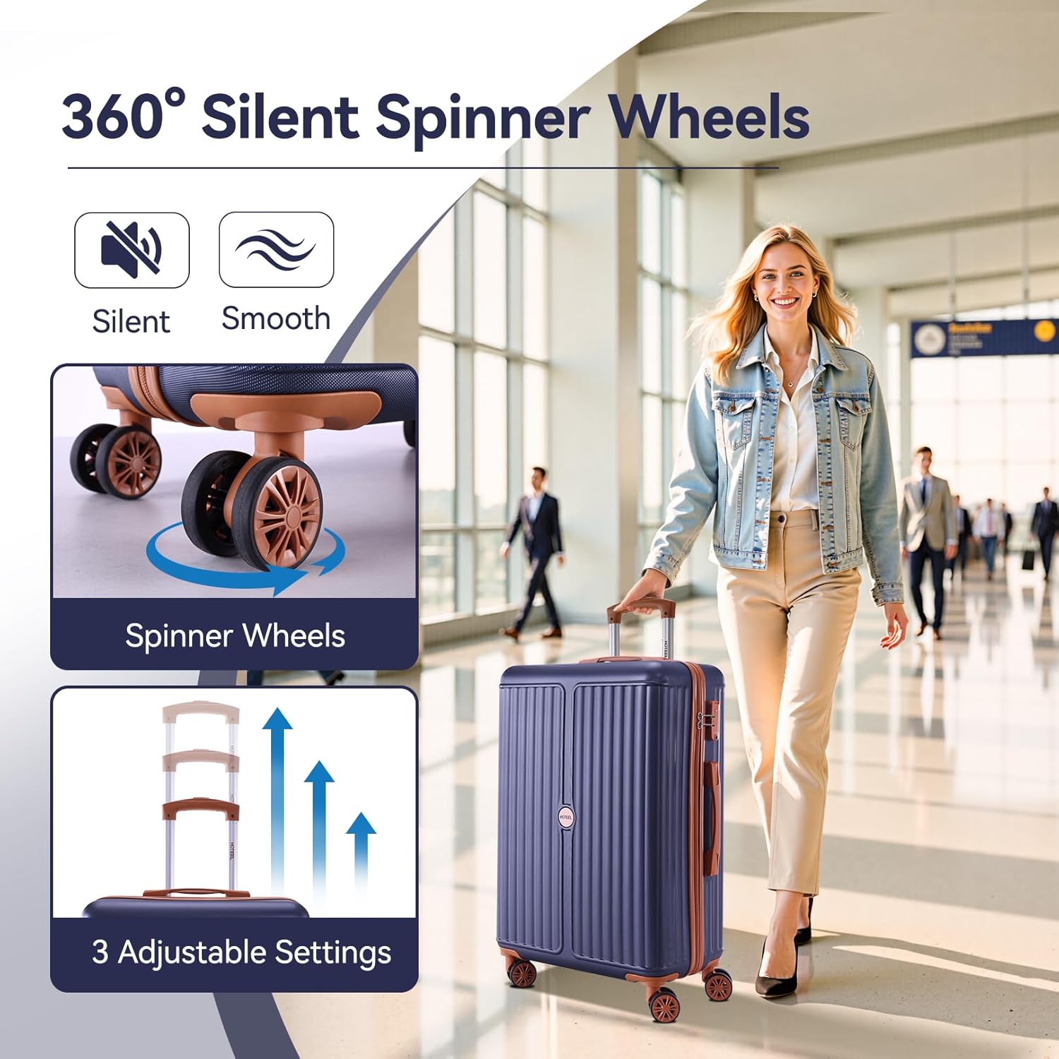 Hoteel Luggage Sets 3 Piece ABS+PC Hardside, 4-Year Warranty, Luggage Set with Spinner Wheels, TSA Lock, Lightweight Carry on Luggage, 20" Suitcase with Duffel & Organizer, Dark Blue