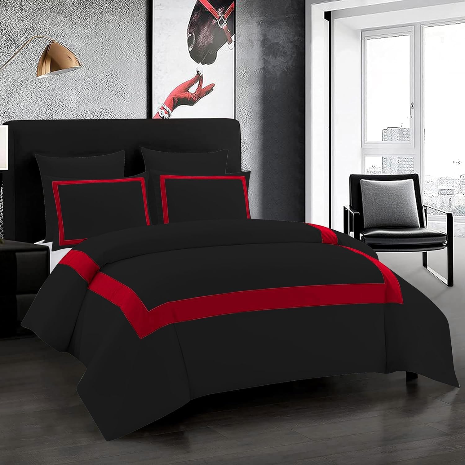 OnlineChoiceSheet 5 Piece Luxury Full Black and Red Border Line Pattern Closer Duvet Cover 100% Egyptian Cotton, 1000 Thread Count (Twin/Twin XL-Size)