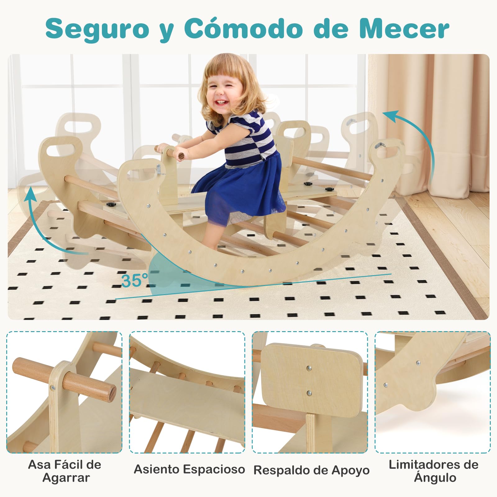COSTWAY Arco de Escalada para Niños Montessori, 4 en 1 Juguetes de Escalada de Madera, Juego de Interior con Escalador de Arco, Balancín, Túnel para Gatear, Respaldo y Asiento Lisos (Natural)