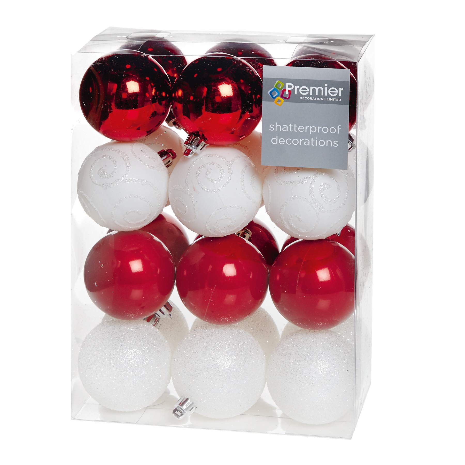 Widdle Gifts Red & White 4204 Shatterproof Christmas Baubles 24 Pack 60Mm Premier Christmas Tree Decoration, Matt, Shinny And Glitter Baubles (Red & White 4204)