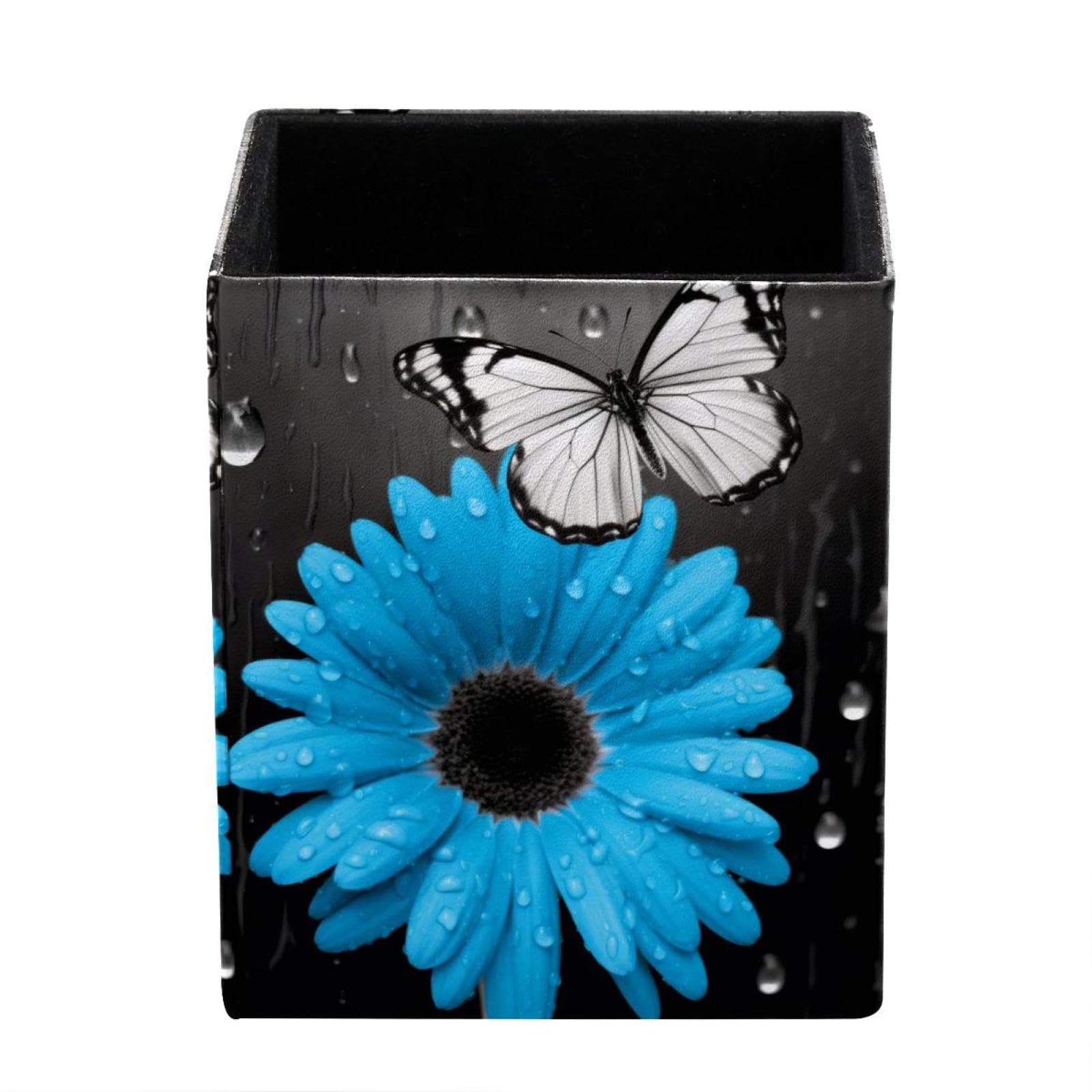 FWJZDSP Pen Holder for Desk, Blue Daisy Flowers Butterflies Pencil Holder, Pen Cup Functional Desk Organizer for Office Supplies