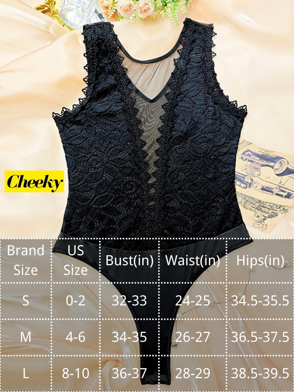 Sexy Women Lace Bodysuit,Snap Crotch Floral Sleeveless Plunge V Lingerie Sheer Mesh Top, Party Date Night Club Outfit - Image 5