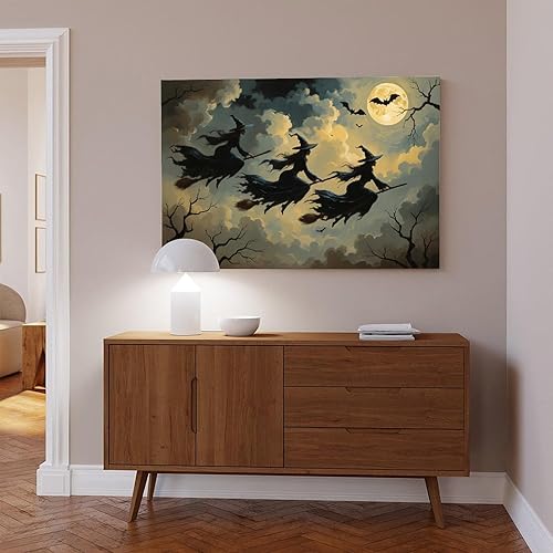Miniatura 3 de Impresión de tres brujas voladoras Moody Witch in The Forest Imágenes para decoración de pared de Halloween, lienzo de bruja espeluznante, pintura