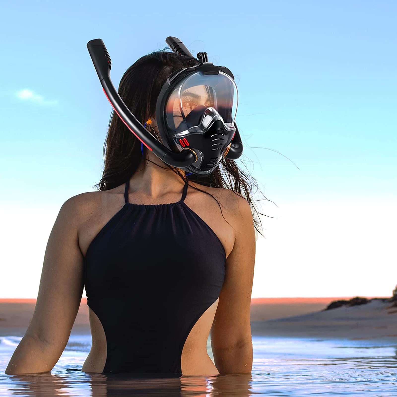 Maschera da snorkeling integrale con supporto rimovibile per