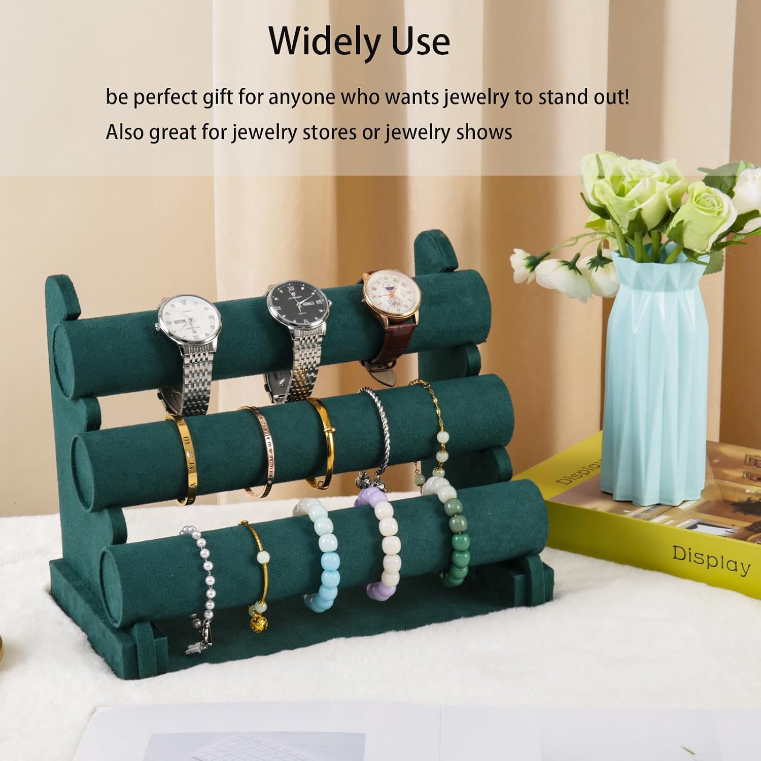 3 Tier Bracelet Holder Organizer, Velvet Bracelet Display Stand for Selling, Detachable Watch Organizer Racks(Green) image 5