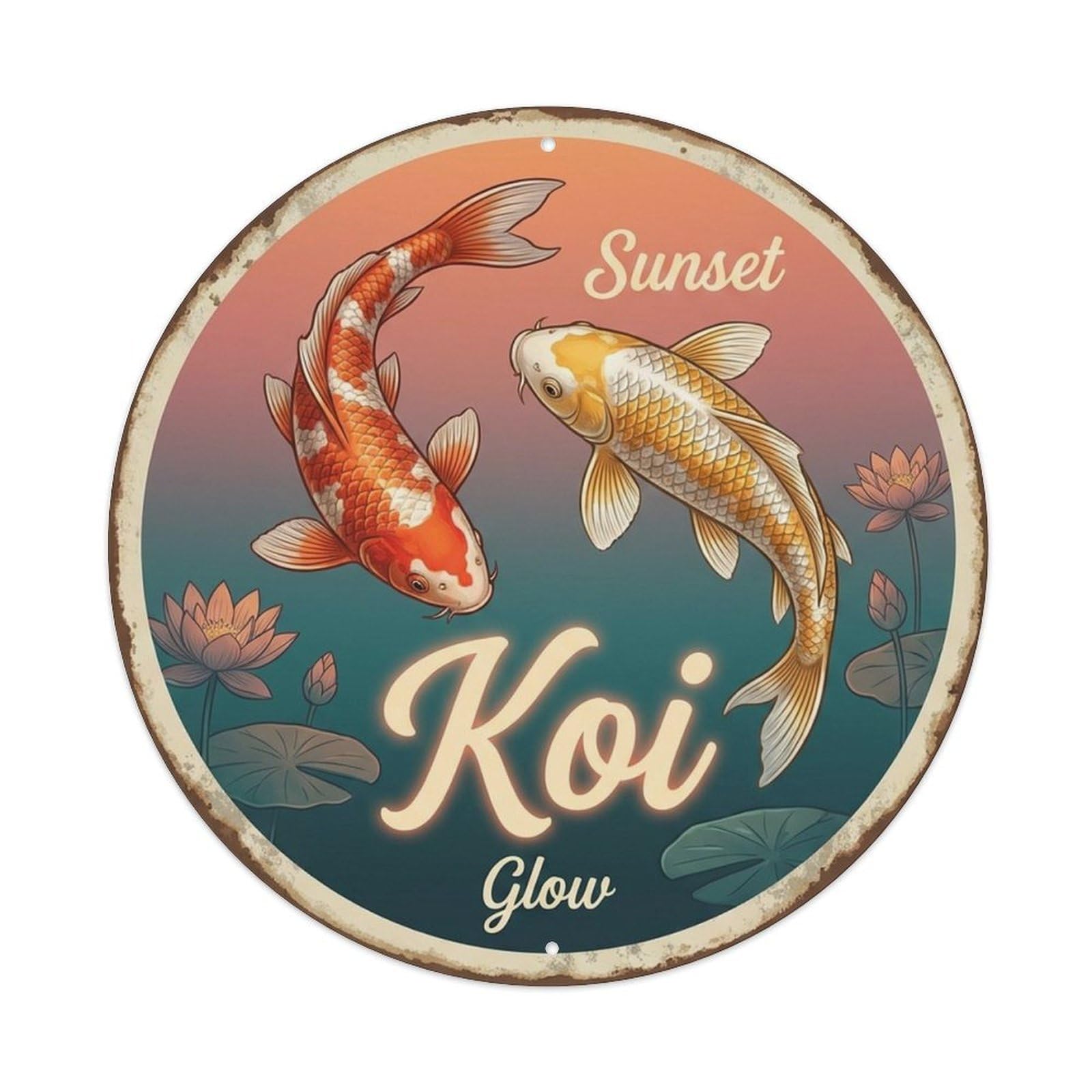 Koi Pond Water Sunset Energy Traditional Metal Tin Sign Plaque Wall Decor for Cafe, Man Cave, Club Bar, Office, Home Garden Round Metal Poster 8x8Inch