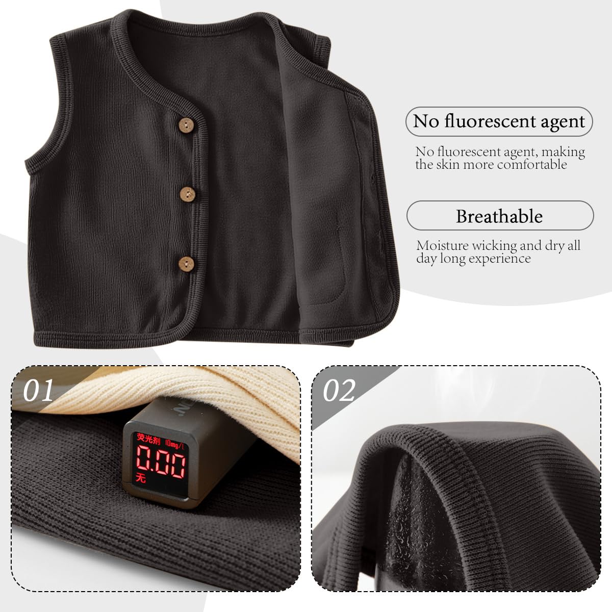 2 Pezzi Gilet Bambino in Cotone, Scollo a V Senza Maniche Tinta Unita Cardigan Bottoni con Tasche, Leggero Morbido e Caldo per Primavera e Autunno 6 Mesi-4 Anni