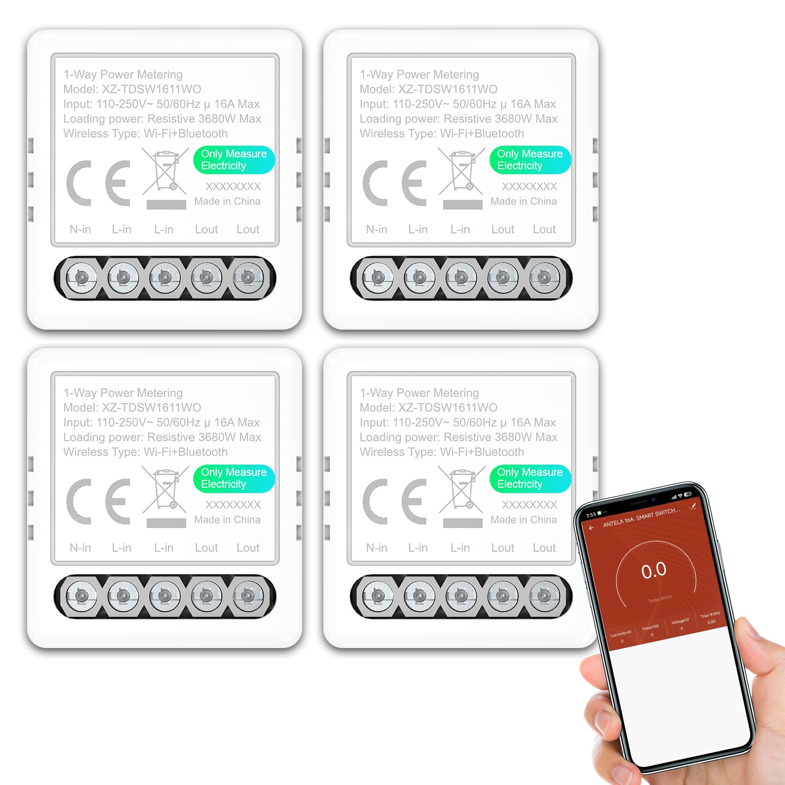 ANTELA Relais Interrupteur Connectée WiFi et Bluetooth 16A 1Canal, Avec surveillance de l'énergie uniquement, Smart Life APP, 4PCs