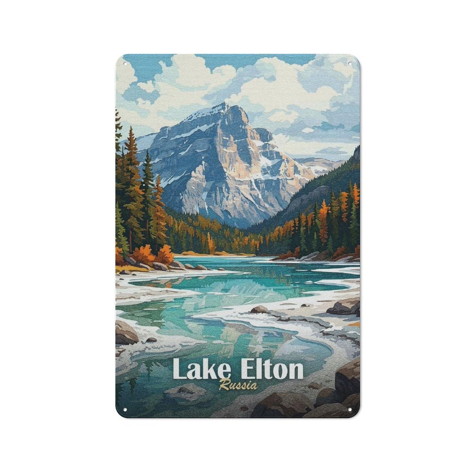 Junmoney Style-15 Tin Wall Plaque 30X20cm With Lake Elton, Russia Landscape Painting For Hobby Room Or Studio, For Themed Interiors In Hobby Rooms And Studios