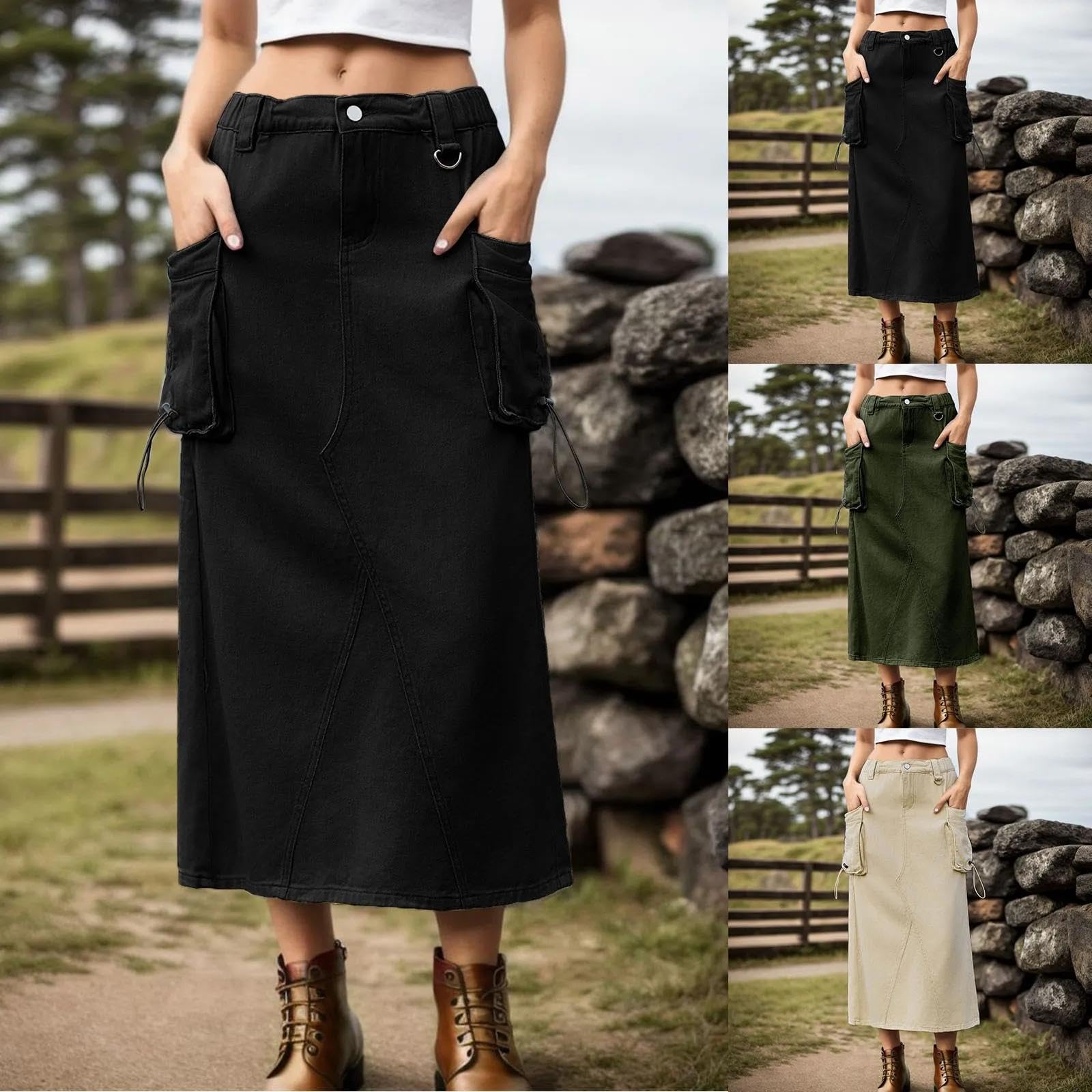 Rock Damen Langer Taille Skirt Linie Falten Cargo-Jeansröcke Damen Bodycon-Rock Mit Kordelzug Langer Rock