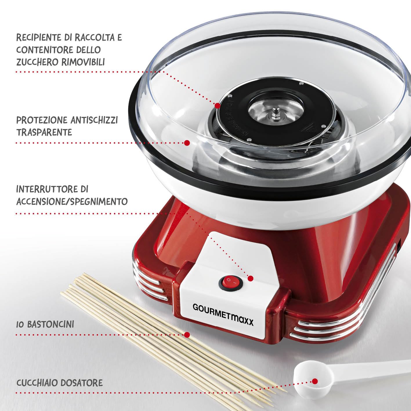 GOURMETmaxx Macchina per zucchero filato per la casa | L'originale rosso con 10 bastoncini e misurino in un nostalgico design retrò | Zucchero filato di altissima qualità per ogni occasione