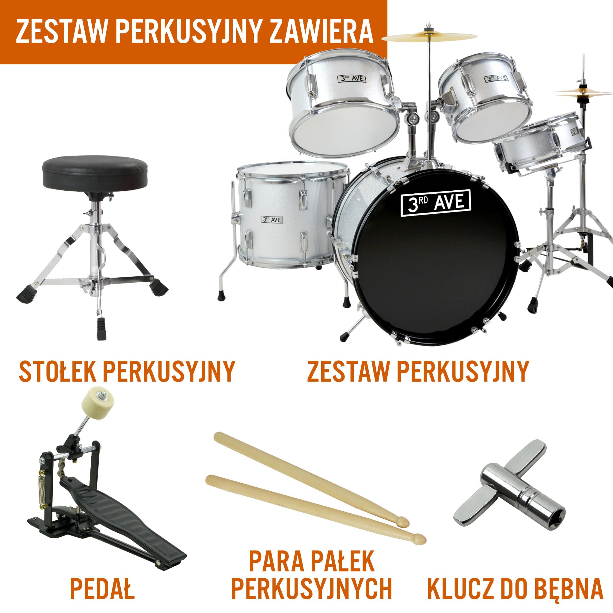 3rd Avenue Zestaw Perkusyjny dla Początkujących Junior Kids, 5-Częściowy Zestaw Perkusyjny z Talerzem, Stołkiem i Pałeczkami w Kolorze Srebrnym