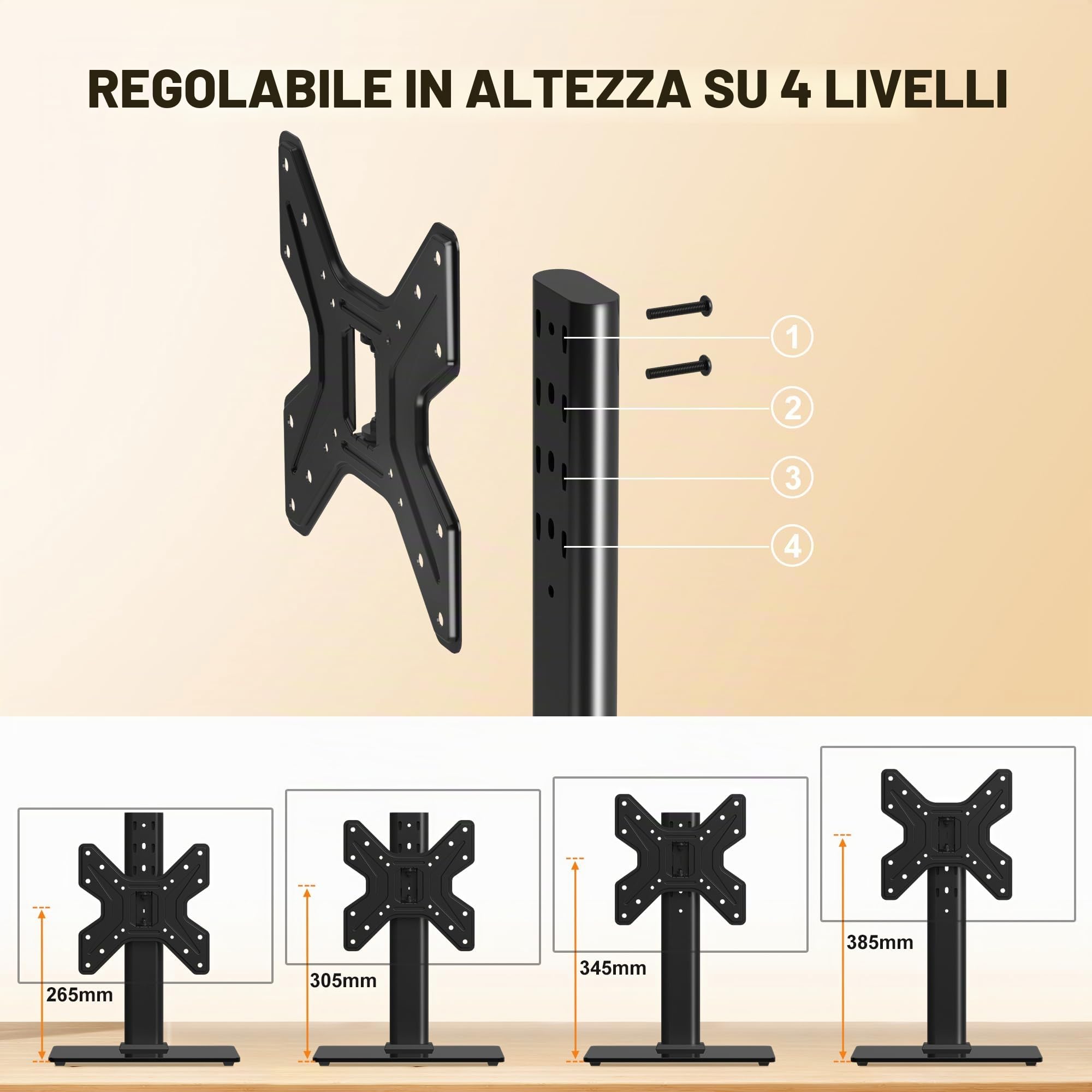 XINLEI Supporto Girevole per TV da Tavolo, Universale per 17-43 Pollici, Altezza Regolabile 265-385mm, Portata 45kg, VESA Max 200x200, Installazione Senza Forature