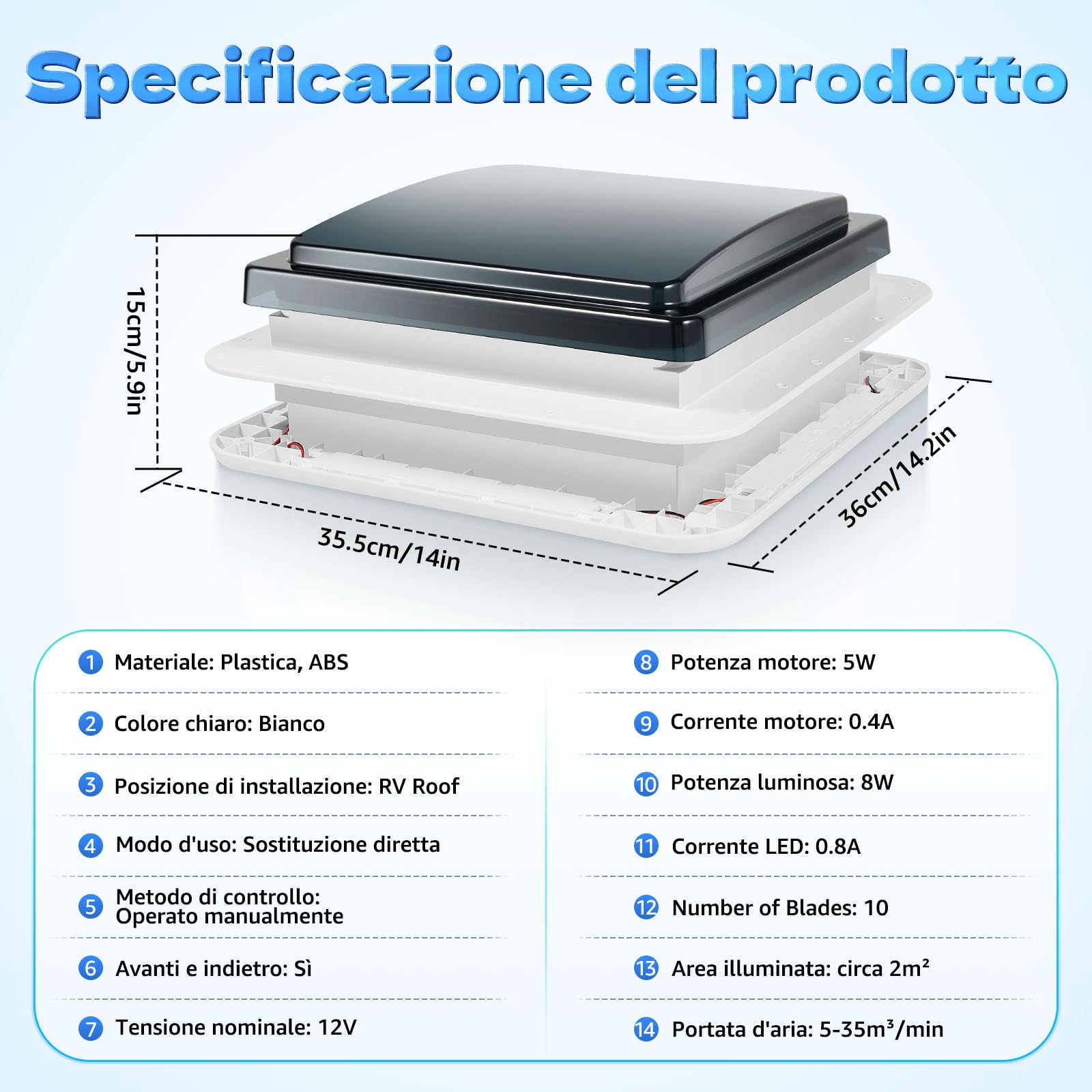 Ventilatore da soffitto per camper 280x280 mm LED 16,5 W 15 CBM/min 1000-1800 rpm