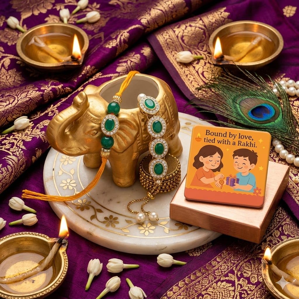 SAUDEEP INDIA Decorative Fridge Magnet for Refrigerator Decor | Green Stone Couple Lumba Rakhi Set for Bhaiya Bhabhi | Raksha Bandhan Gift Combo Festive Home Decor-image-2