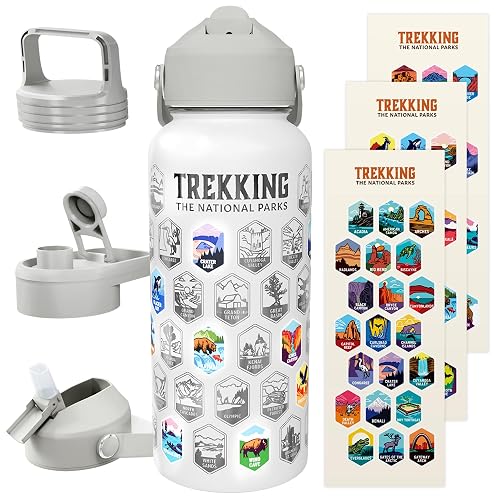 Trekking The National Parks Water Bottle with 63 Waterproof Stickers & 3 Lids (Straw, Spout, & Chug)
