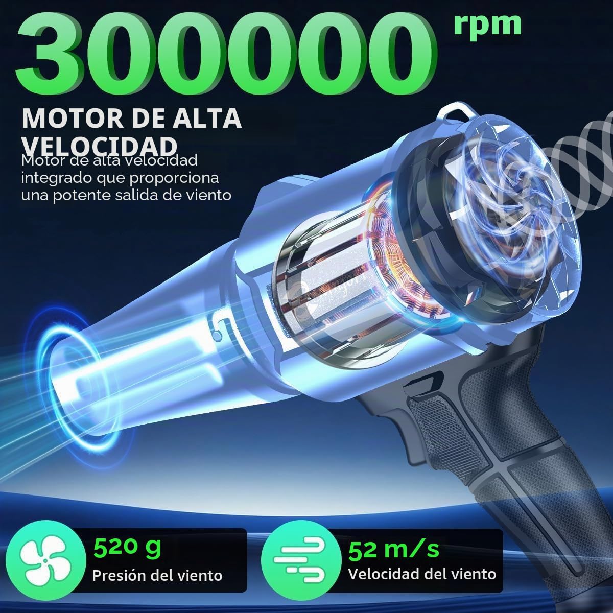 Soplador de hojas inalámbrico, 300000 RPM,2 baterías de 3,0 Ah y cargador incluidos, 30 m/s, flujo de aire turbo, sin escobillas, ligero y portátil para jardín, patio, coche y camping (Nero)
