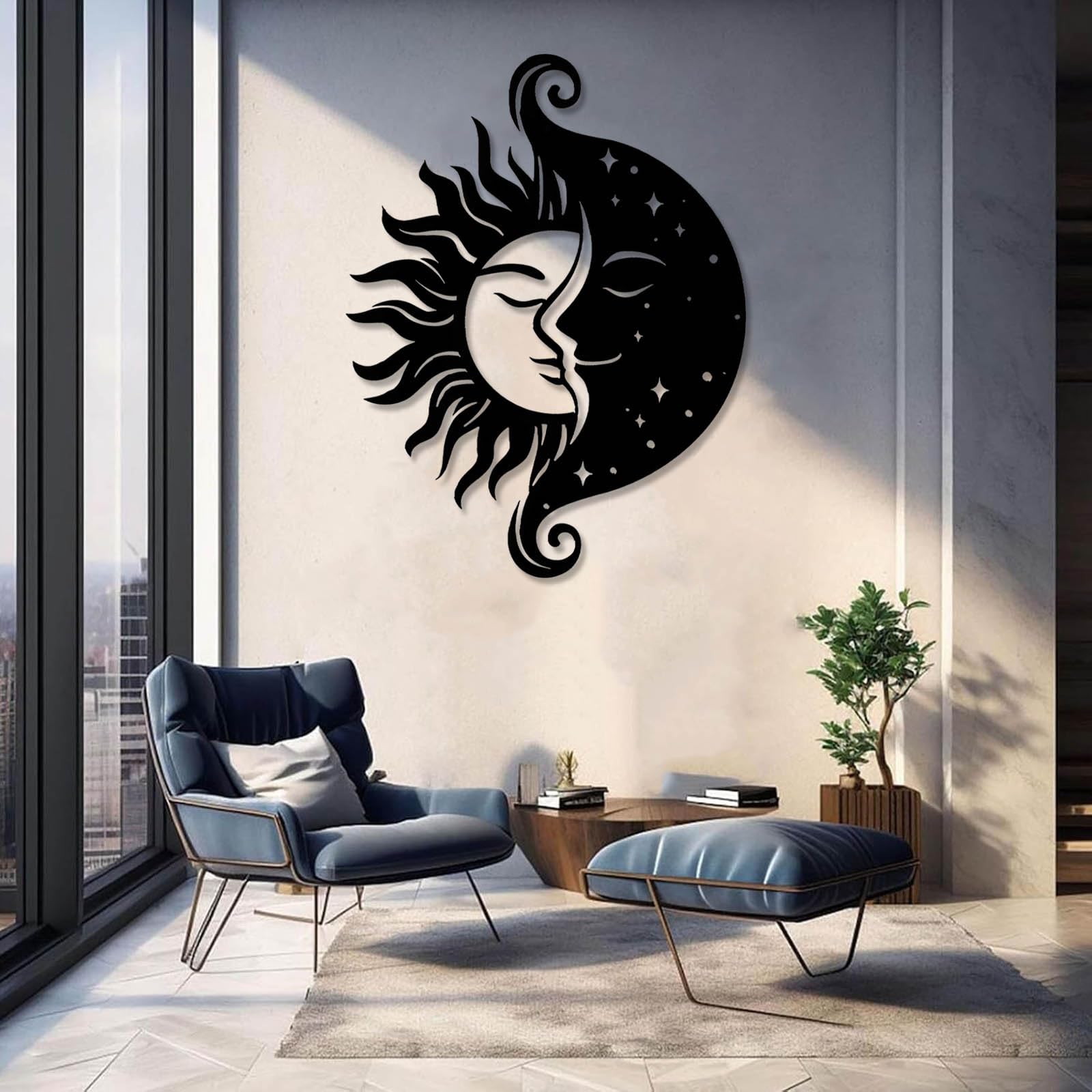 Decorazione da Parete in Metallo per Soggiorno Moderno Sole e Luna, Sole, Luna, Boho, Celestiale, Celestiale, da Appendere, da Appendere al Bagno (Nero, 41"x32"/105x8