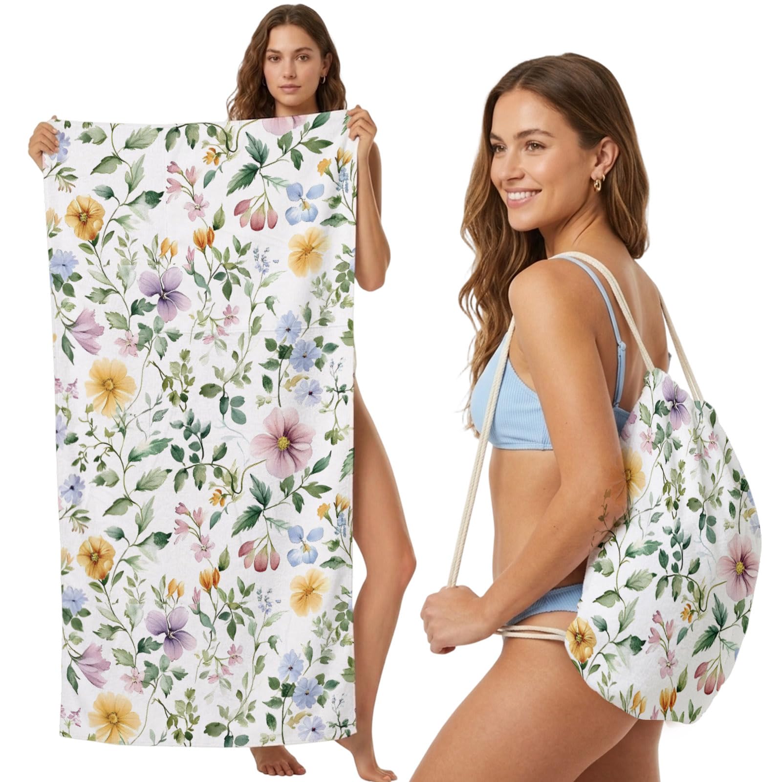 FWJZDSP Beach Towel Backpack Convertible Watercolor Flower Sand Free Quick Dry Towel Bag Spring Flower Beach Towel with Adjustable Straps for Travel Swimming Pool Beach Accessories 31.5x63in