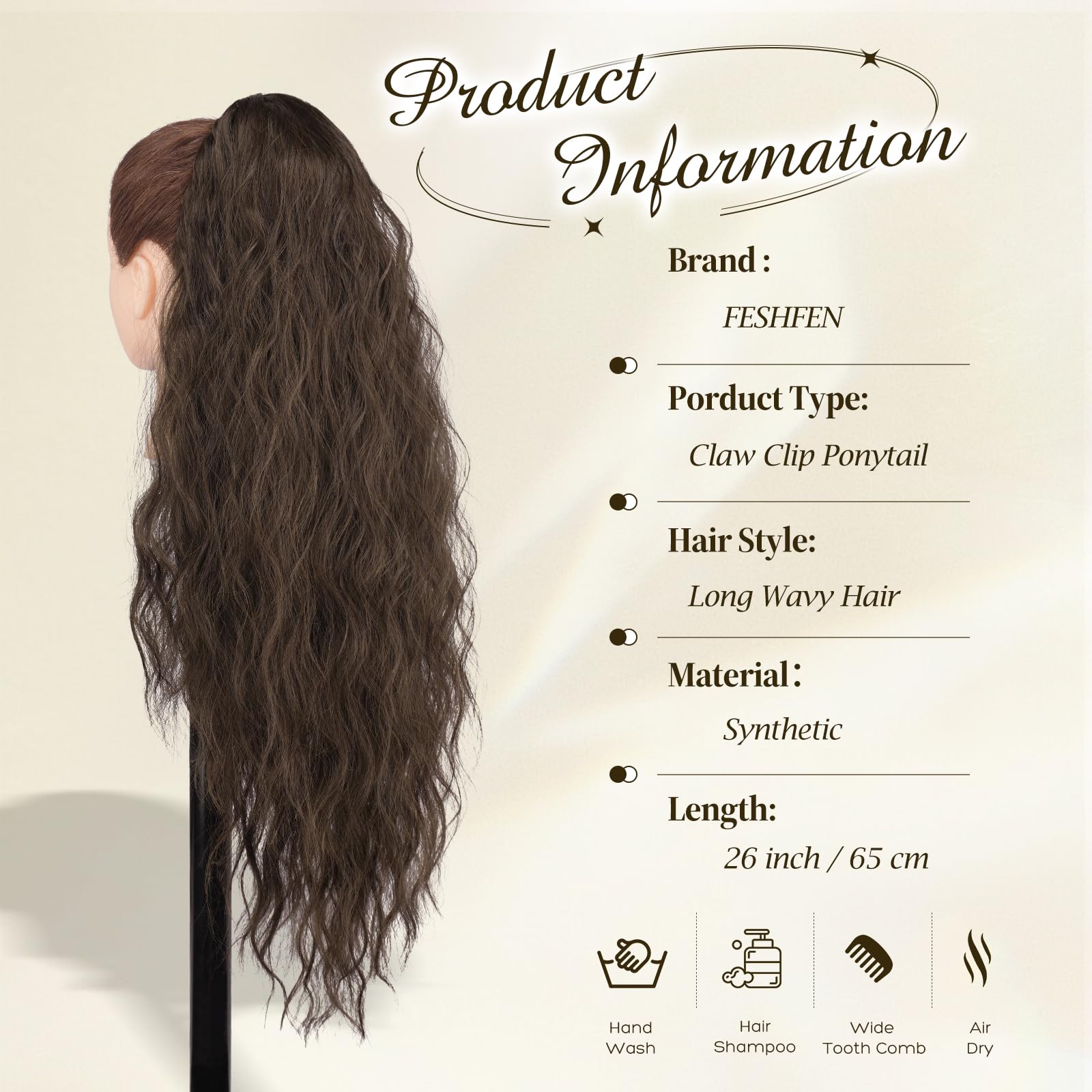 FESHFEN Coda Capelli Extension con Pinza Lunga Ondulati Ricci Posticci Sintetici Finta Lunghe Ponytail Coda Cavallo Extensions per Donna, 65 cm Marrone Cioccolato Misto Marrone Scuro