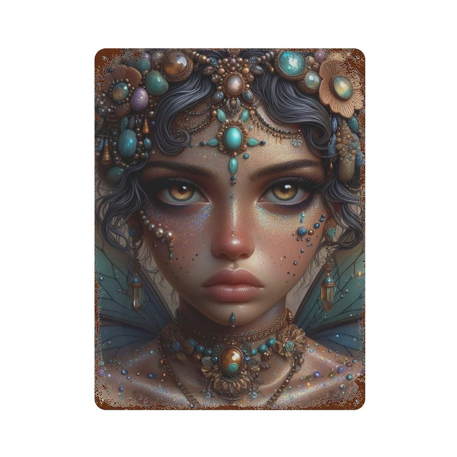 Rust Effect Mystical Fairy Portrait Distressed Metal Wall Sign 15.7"x11.8", Decorative Metal Wall Art for Living Room, Hallway And Home Decor