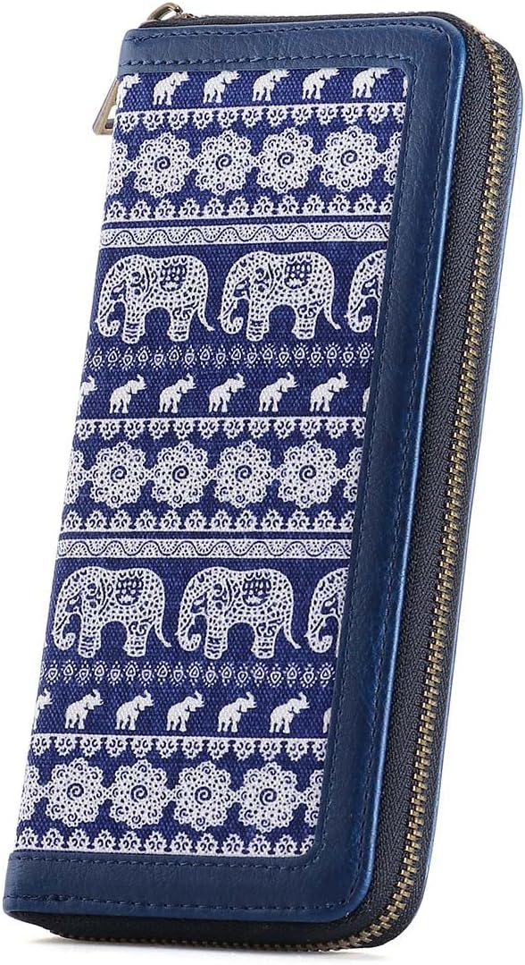 Unique Women's Canvas Wristlet Clutch Wallet Zipper Wallet Card Holder Purse (Elephant Pattern Blue)