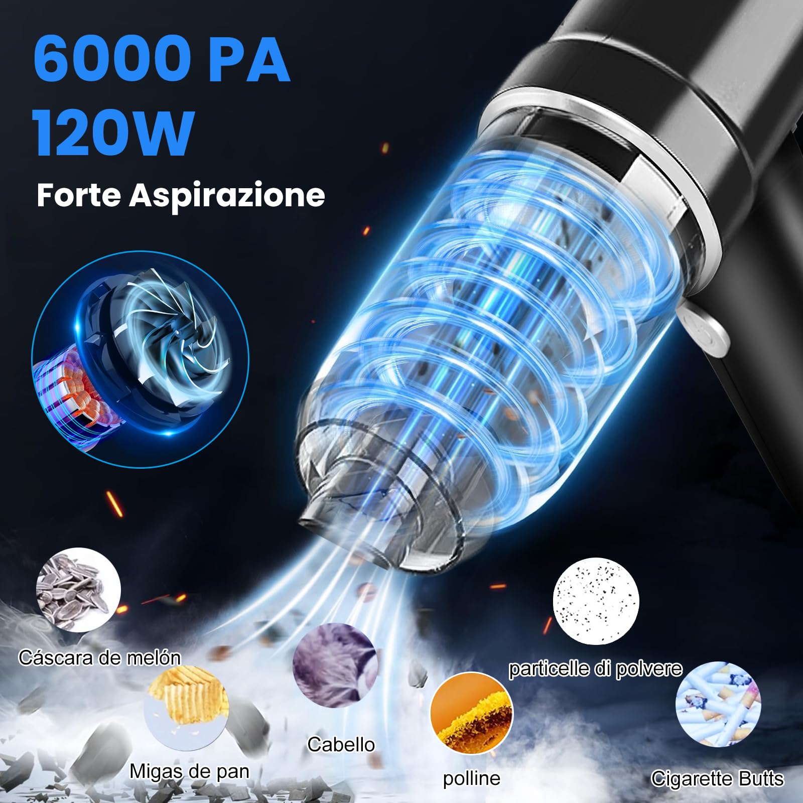 Zabatoco Aspirapolvere Portatile Senza Fili per Auto,6000Pa Aspiratore e Soffiatore 2 in 1,120W Mini Aspirabriciole Senza Fili la Pulizia di Auto, Casa, Animali Domestici e Spazi Ristretti