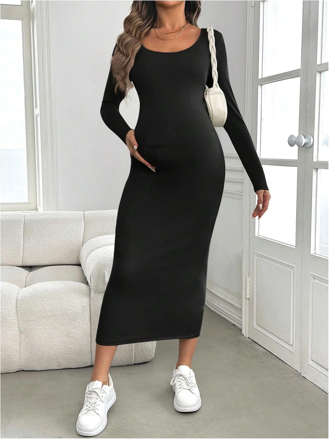 OYOANGLE Women's Maternity Ribbed Dress Long Sleeve Scoop Neck Stretchy Bodycon Baby Shower Dresses - Image 2