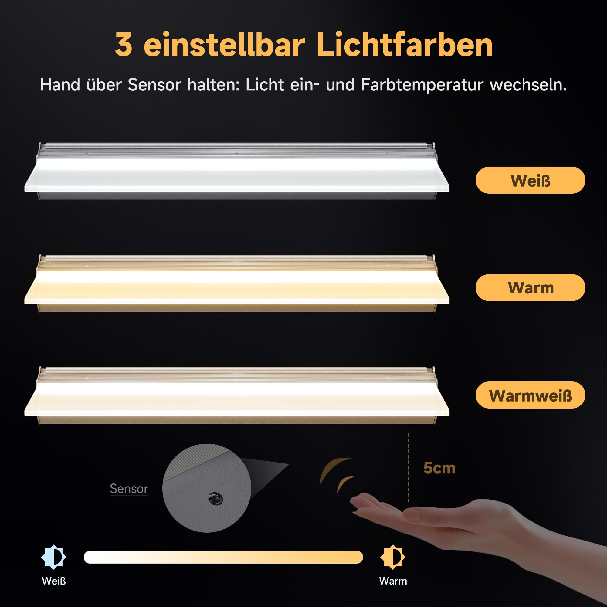 SONNI Regał ścienny LED, 80 cm, ze sterowaniem czujnikiem, 3 temperatury barwowe, bezstopniowe ściemnianie, 8 mm, hartowane szkło matowe i aluminium, do łazienki, sypialni, salonu