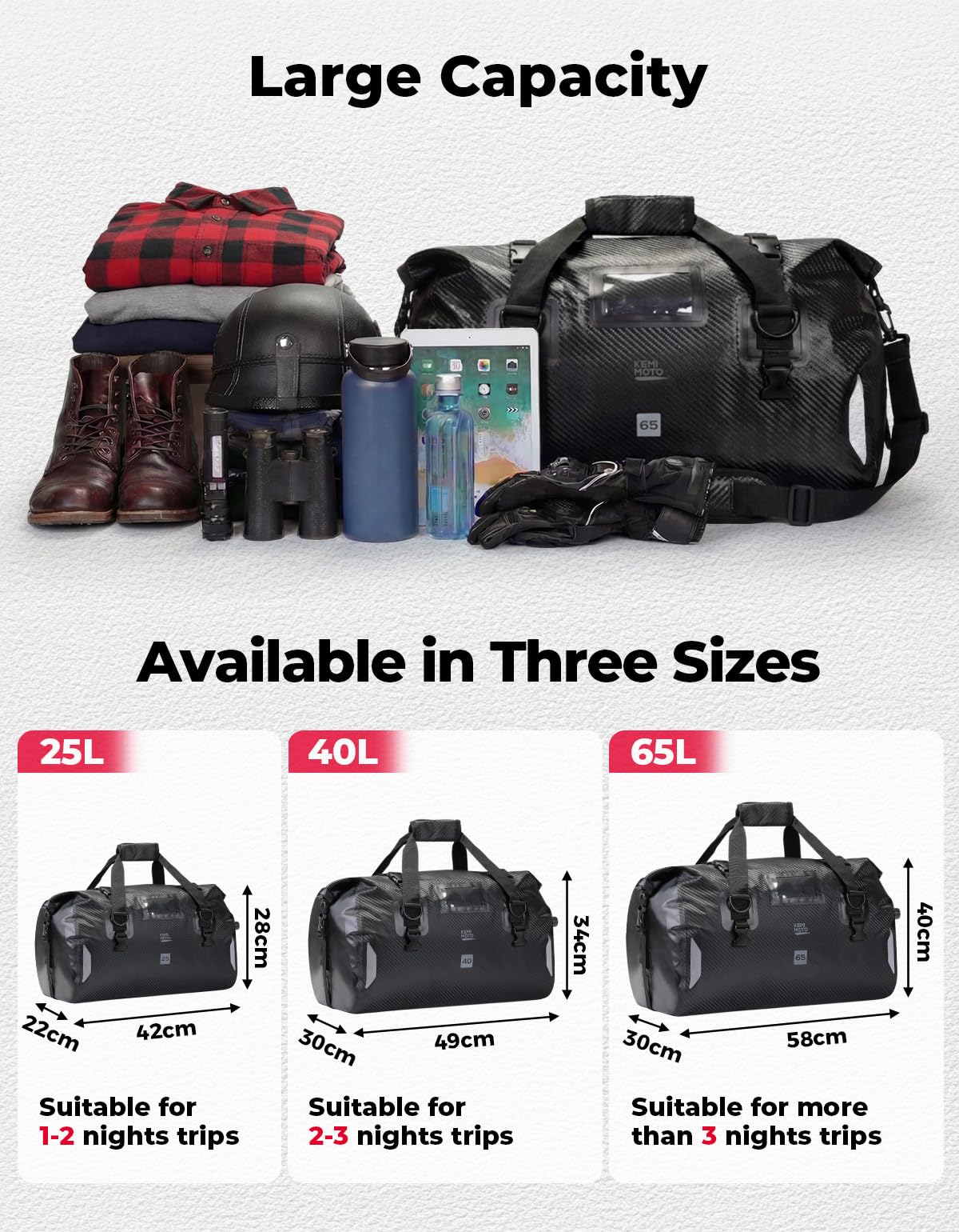 KEMIMOTO Borsa Moto, 65L Borsa Posteriore Moto Impermeabile con Tracolla, Borsa Sella Motociclo con 4 Cinghie di Fissaggio per Motociclismo, Ciclismo, Campeggio, Viaggio