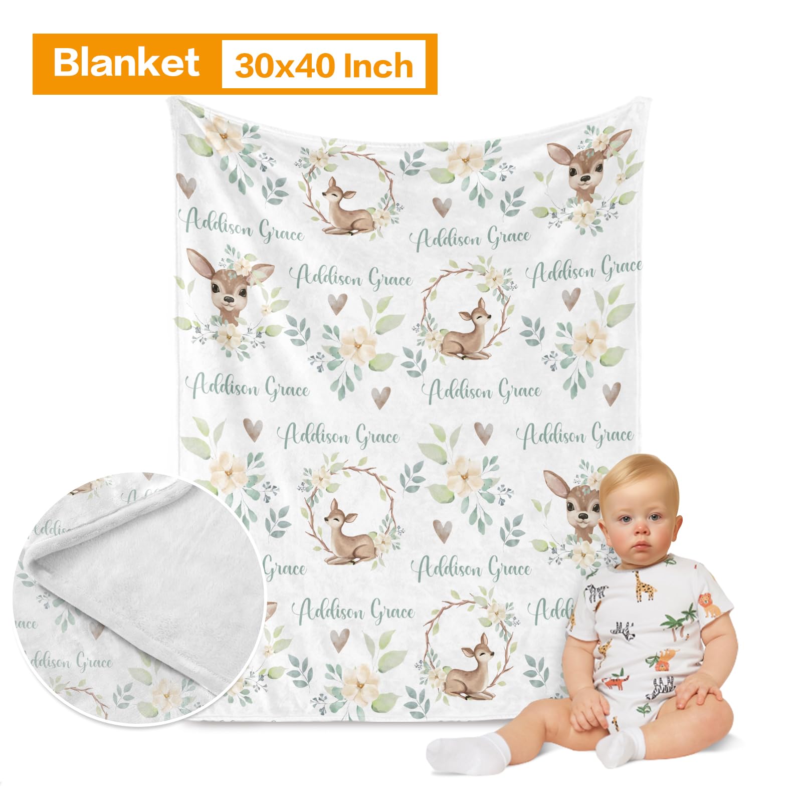Personalized boy Crib Bedding Set for Infant Baby: Custom Name Nursery Decor Deer Green Baby Blanket Fitted Crib Sheet Changing Pad Cover 3 Pcs(Fixed Size)
