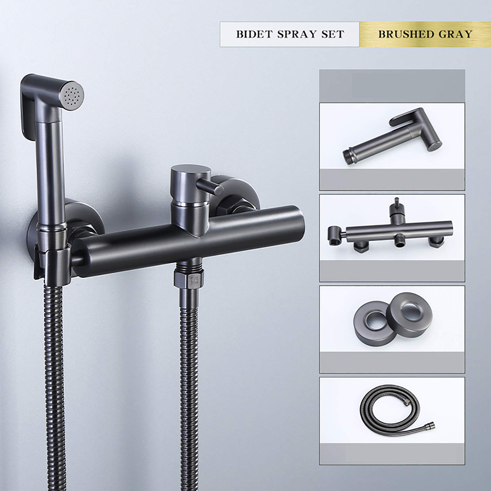 Grijze handheld bidet sproeier voor toilet, messing wandmontage badkamer doek luier sproeier set warm en koud water toilet bidet sproeier kit voor persoonlijke hygiëne, PVC slang (kleur: roestvrij