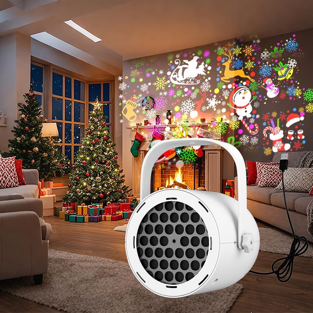 Kouamor White Christmas Projector Light, 16 Slides Led Christmas Projector Lights, With Snowflake, Snowman, Xmas Tree, Santa, Reindeer Slides, Christmas Indoor Decorations For Xmas Party Home (White)