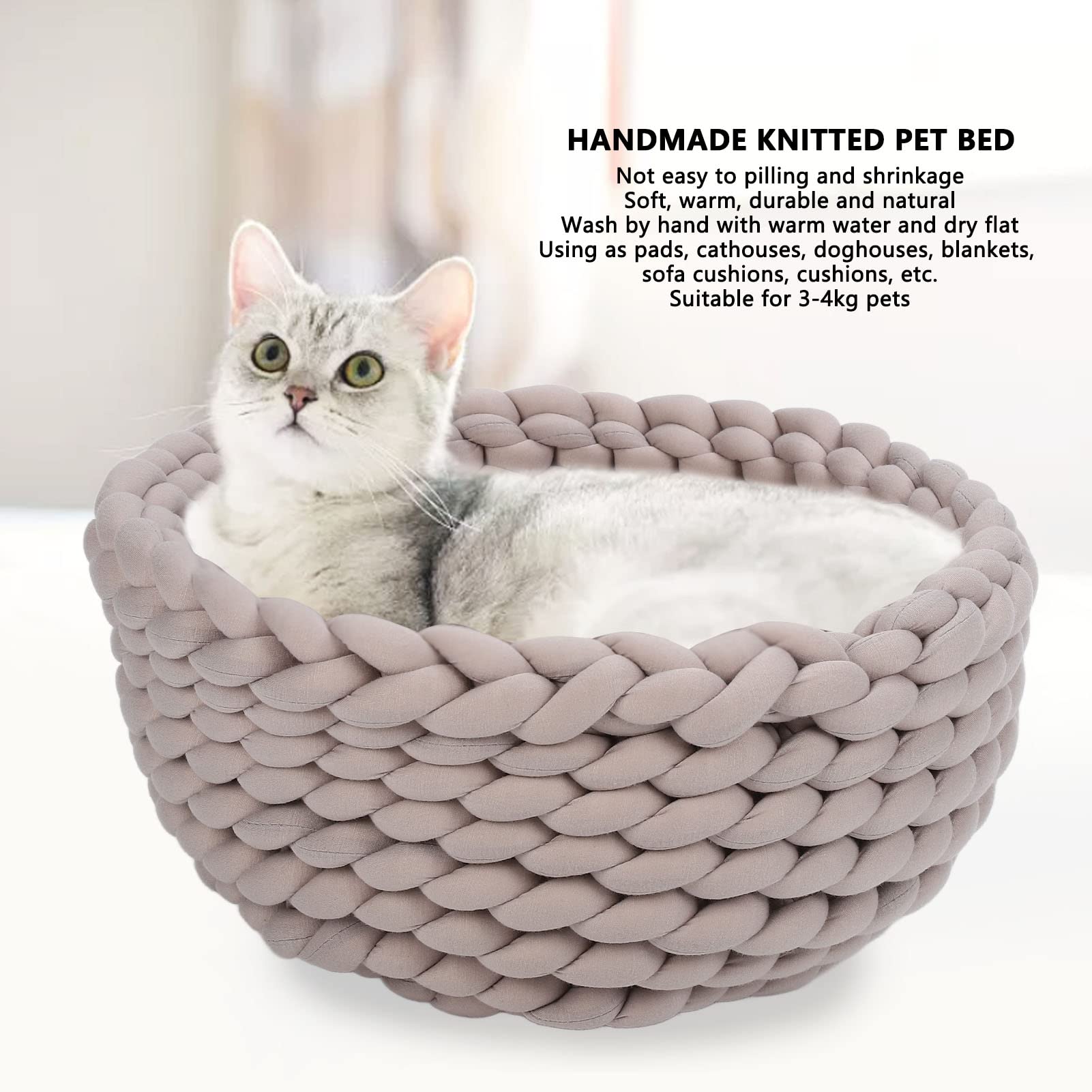Tyenaza Handgefertigtes Gestricktes Haustierbett, Hochdichtes Hunde-Katzen-Rundpolster, Maschinenwaschbar, Katzenzubehör, Warmes, Gewebtes Katzennest, Gemütlicher Kuschelkorb Für Hunde Und Katzen