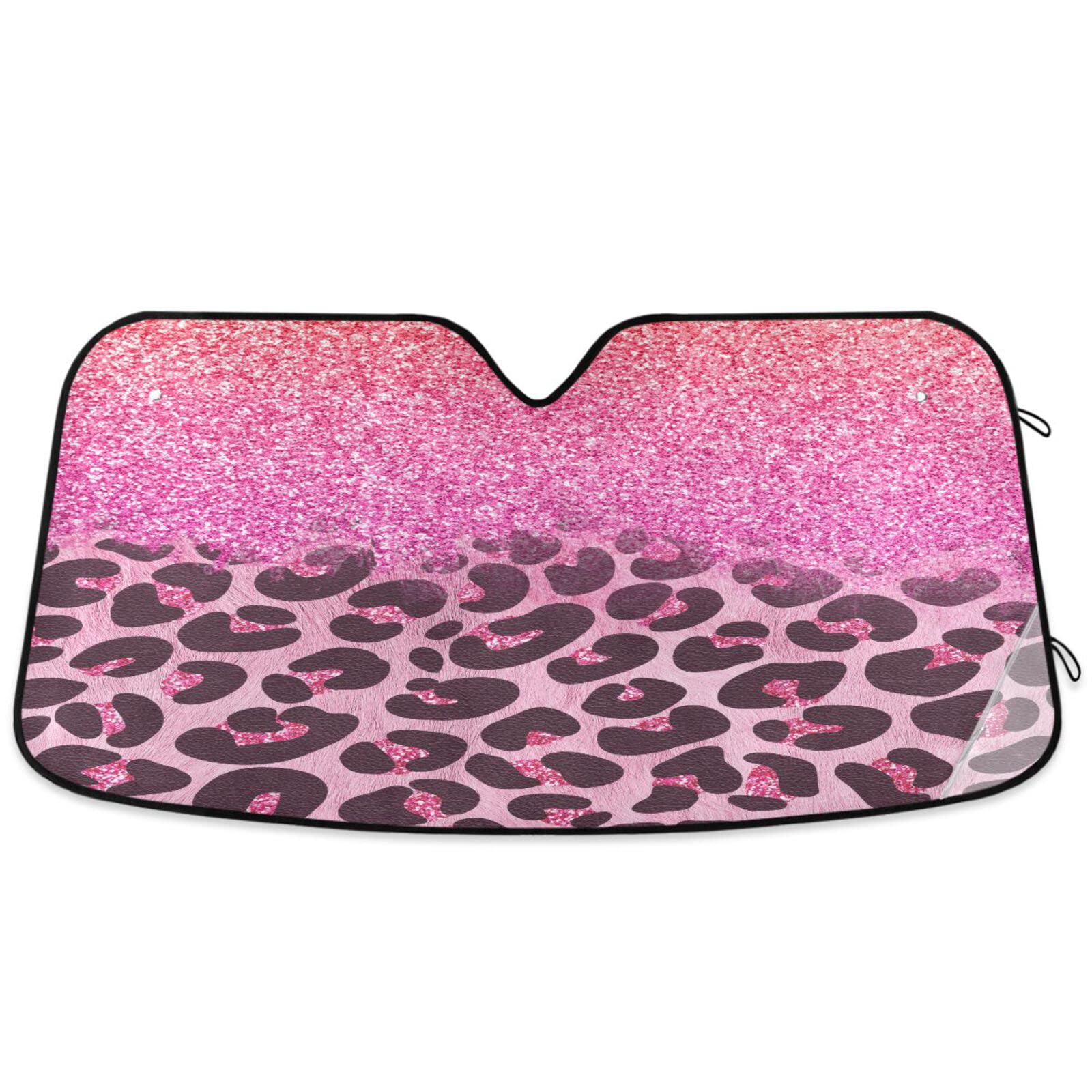 Windshield Sun Shade Pink African Leopard Glitters Sun Visor Foldable Sunshades Protector Blocks UV Rays Keep Your Vehicle Cool Fit Car Truck SUV, 53x23.5in