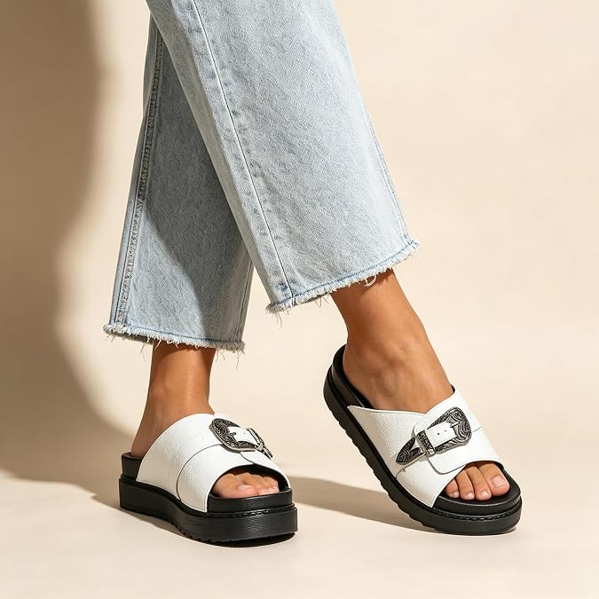 Women's Platform Mule Slides - Crisscross Strap Embellished Buckle Backless Chunky Sole Sandals for Casual Summer Wear
