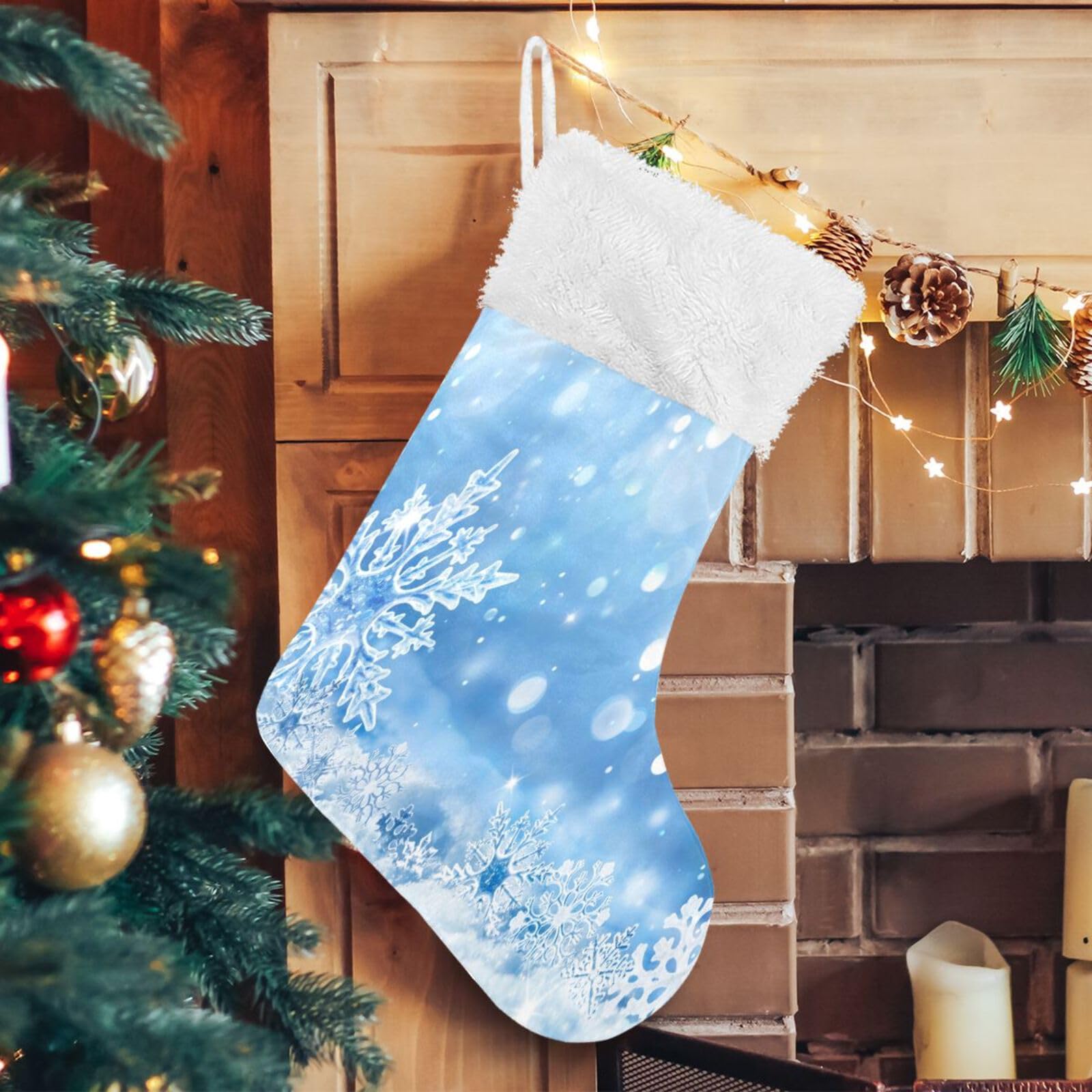 Mnsruu Christmas Stocking, Personalised Christmas Stockings Set of 2 Snowflake Ice Blue Christmas 18 inch Xmas Stockings Hanging Ornament Fireplace for Tree Decoration