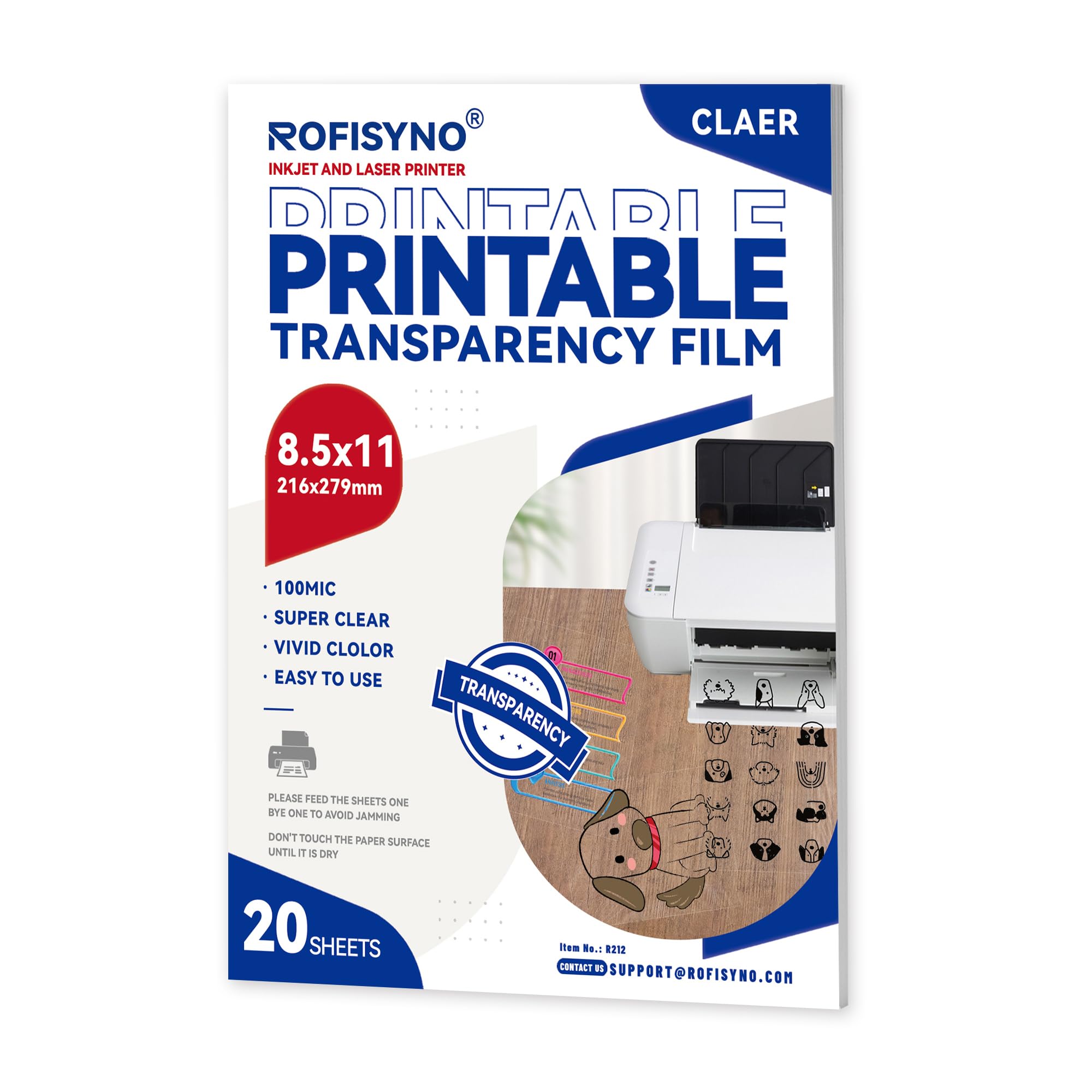 8.5X11 Printable Transparency Sheets, 4mil Clear Overhead Projector Film for Inkjet and Laser printer, 20 Pack