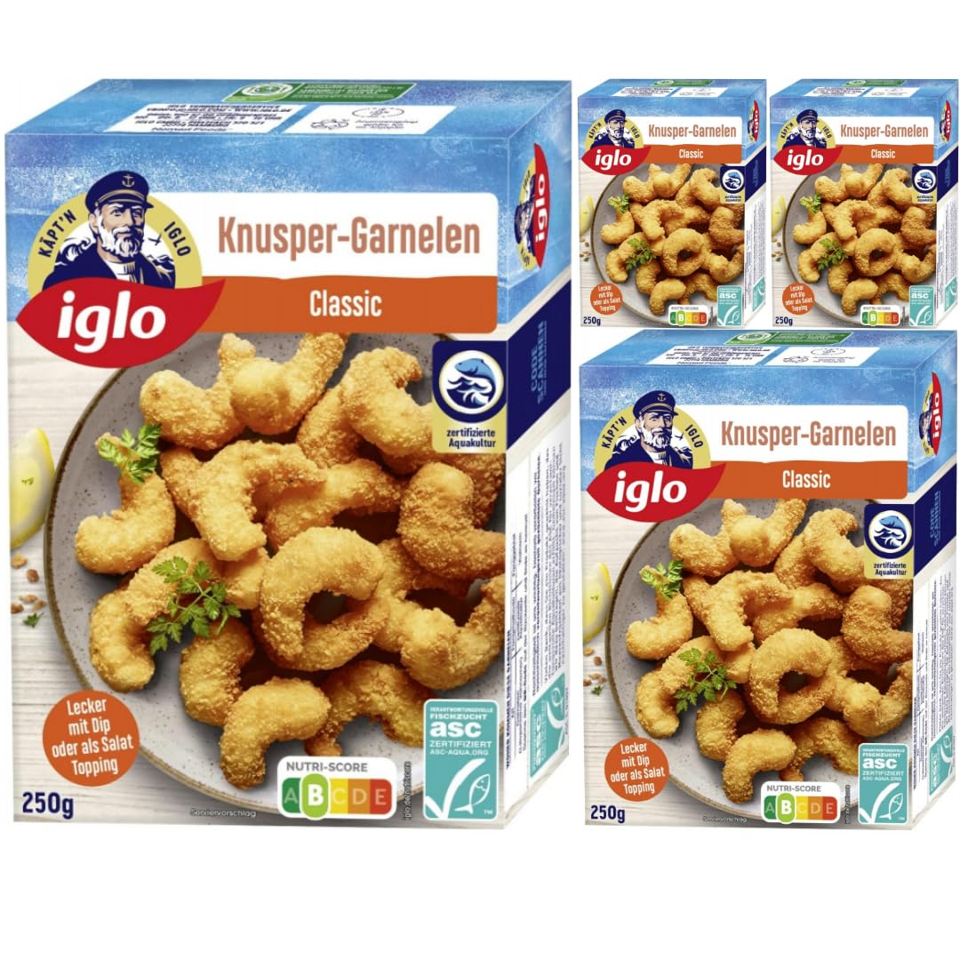 Iglo ASC Knusper-Garnelen Classic knackig feste Garnelen in krosser Panade 250 Gramm, 4 Er