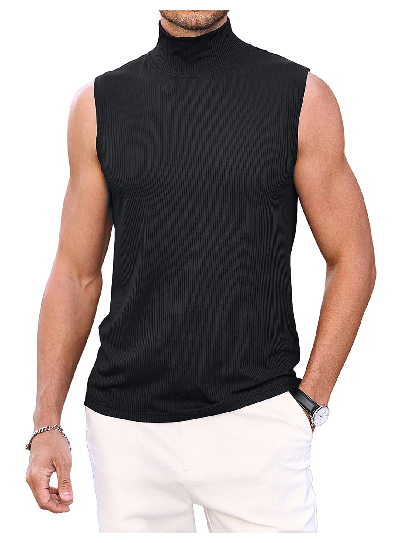 Milumia Men's Rib Knit Mock Neck Tank Top Sleeveless Slim Fitted Tanks Muscle Shirts