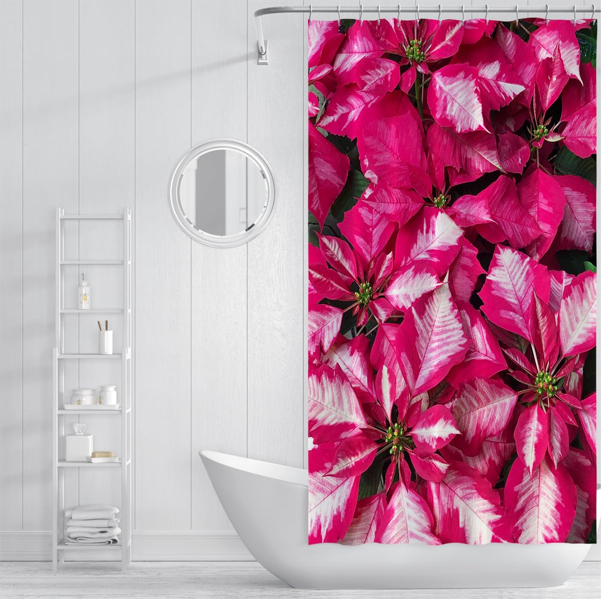 Cortina de Ducha roja 240Bx200Lcm Moda para el hogar Flores de Navidad Poinsettias Tela Cortinas de Ducha de baño 240Bx200Lcm con Ganchos Diseño Impermeable y Lavable