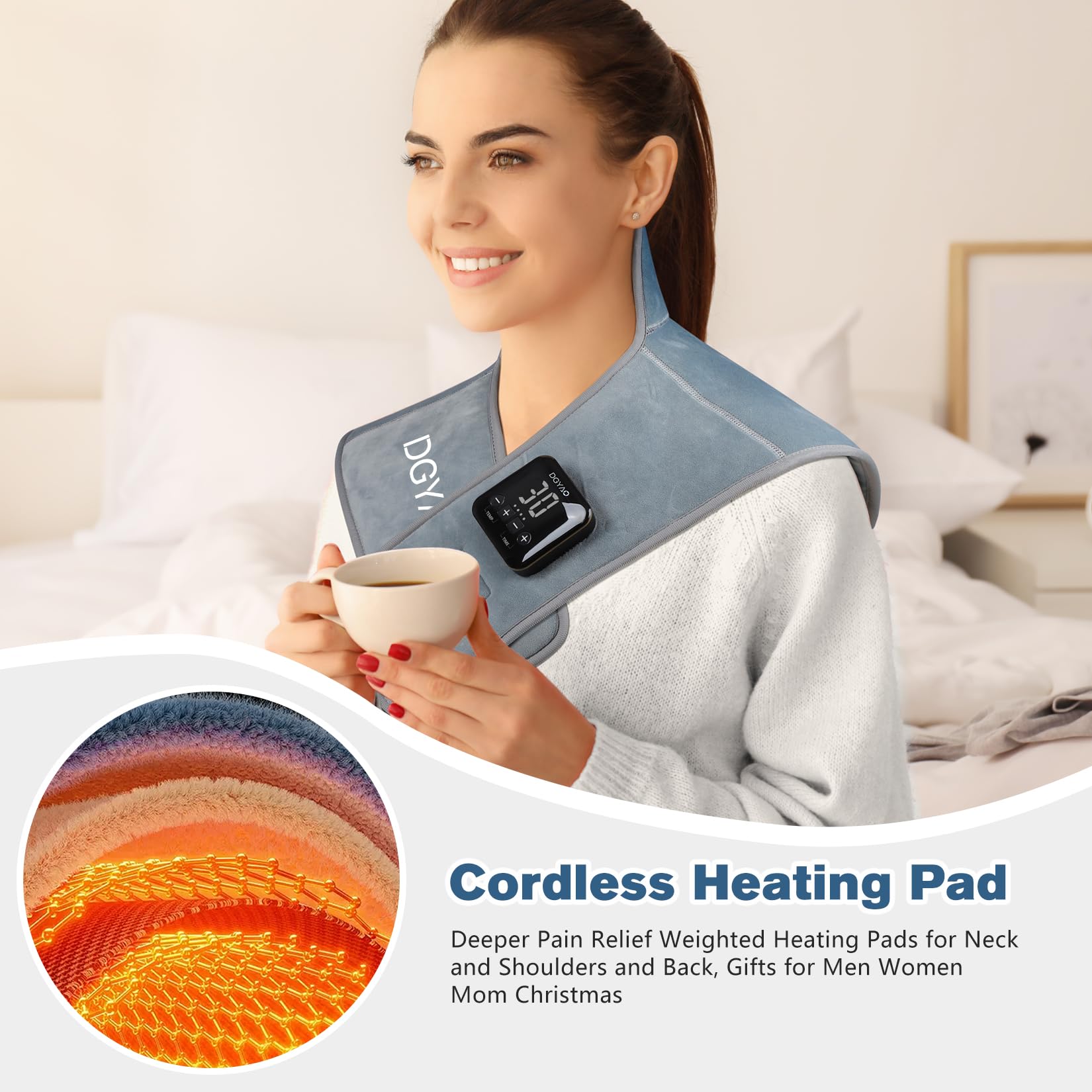 Almohadilla térmica portátil recargable para hombros y cuello, calentador portátil con 4 niveles de ajustes de temperatura y 6 niveles de apagado automático temporizado, alivia el dolor de hombro y