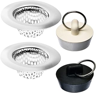 4 Pack - Bathroom Sink Strainers and Stopper Plug Combo - 2.125" Top / 1" Basket, Stainless Steel Strainers and Rubber Plug Stopper for Standard Bathroom Sink, Utility, Slop, Lavatory and RV Sink