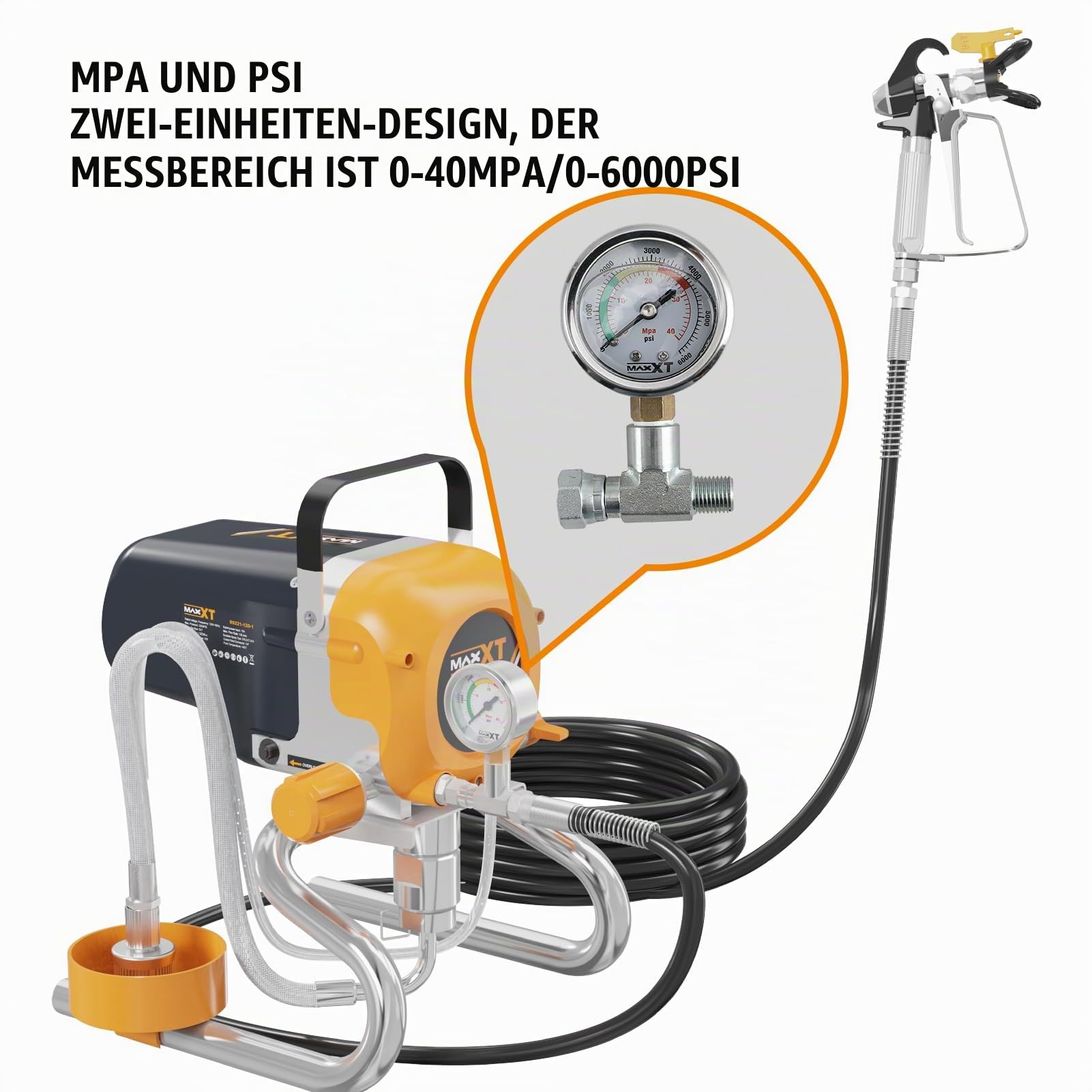 MAXXT Airless-Farbspritzgerät | 226 bar Hochdruck | 1,6 L/min Maximaldurchfluss | 7,5 m Hochdruckschlauch | Spray-Tip 517 | Inkl. Druckregelung & robustem Schlauchdesign
