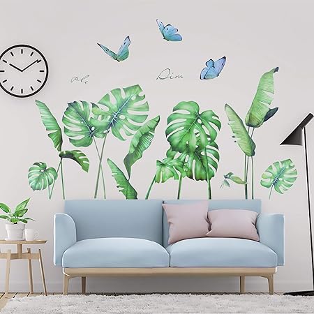 Stickers Muraux Plantes Vertes - Lot De 3 Feuilles Autocollants Déco Salon/Chambre, Faciles à Poser