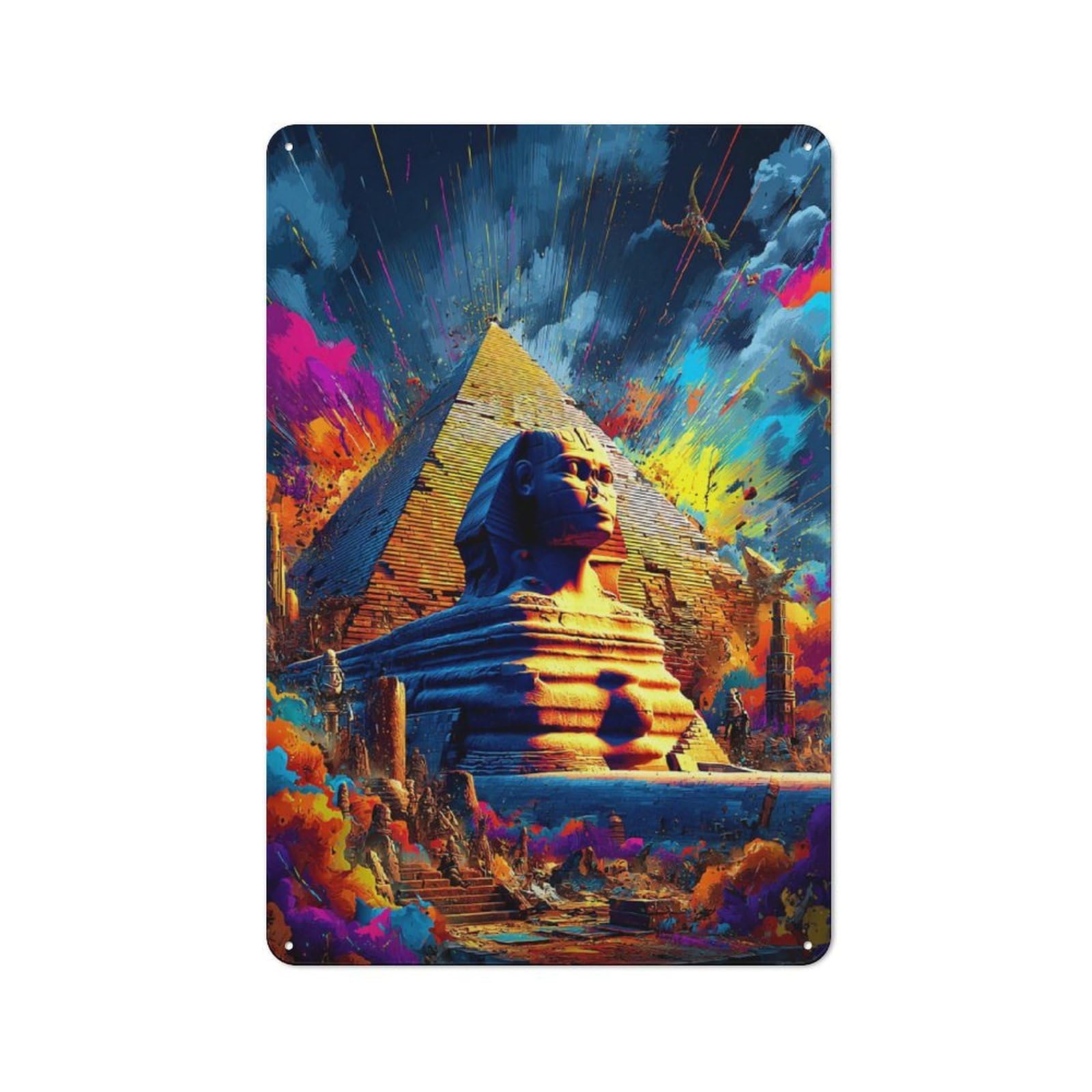 Junmoney Colorful Egyptian Pyramid Scene Metal Wall Art Sign 30X20cm, Vintage Vintage Wall Decor For Lounge, Study, Pub Or Wall Gallery
